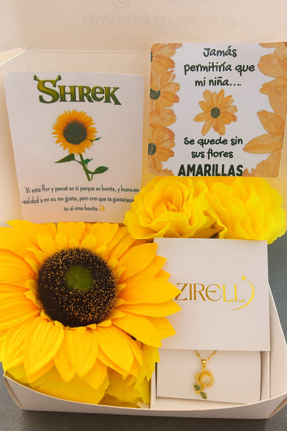“Amor que Florece” Collar girasol + box de flores amarillas